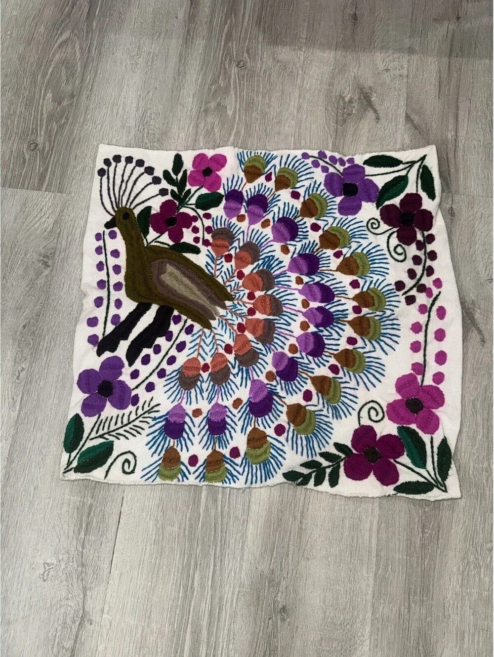 Handmade Embroidered Peacock Pillow Cover